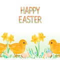 Happy easter border seamless background chicks with easter eggs and daffodil vector Illustration for use in interior design, artwo Royalty Free Stock Photo