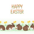 Happy easter border seamless background easter rabbits with easter eggs and daffodil vector Illustration for use in interior desig