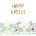 Happy easter border seamless background lamb and sheep eggs and daffodil vector Illustration for use in interior design, artwork,