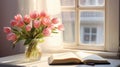 Happy Easter. Bouquet of pink tulip in the clear glass with opened book near window Generative AI