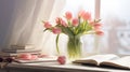 Happy Easter. Bouquet of pink tulip with opened books near window Generative AI