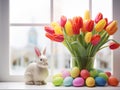 Happy Easter. Bouquet of tulip with colorful easter eggs and sculptured rabbit near window Generative AI