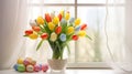 Happy Easter. Bouquet of tulip with colorful easter eggs near window Generative AI