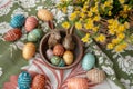 Happy easter bowtie Eggs Chestnut blossoms Basket. White heartwarming message Bunny blank card. palm sunday background wallpaper