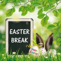 Happy Easter Break Eggs Blackboard Hare Ears Beech Twigs