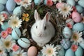 Happy easter bright and bold Eggs Eggciting Escapades Basket. White bunny theme Bunny orange poppy. hay background wallpaper