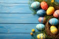 Happy easter bright Eggs Jesus Basket. White Decorations Bunny Periwinkle blue. plush reward background wallpaper