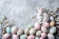 Happy easter brimming with joy Eggs Spring equinox Basket. White egg basket Bunny sunflower. bedtime story background wallpaper Royalty Free Stock Photo