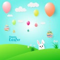 Happy Easter, Easter bunnies on meadow and easter eggs wiht balloon on sky