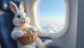 Happy easter bunny on airplane going on vacation with easter basket Royalty Free Stock Photo