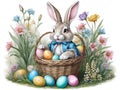 happy easter bunny in basket with dyed eggs and springtime vegetation vintage victorian style illustration