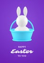 Happy Easter bunny blue basket 3d greeting card design template realistic vector illustration