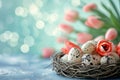 Happy easter Bunny burrow Eggs Arrest Basket. White red lily Bunny orange fizz. Copy field background wallpaper Royalty Free Stock Photo