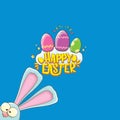 Happy easter bunny with calligraphic text, clouds , rainbow and color easter eggs isolated on blue background. vector Royalty Free Stock Photo