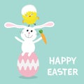 Happy Easter bunny. Chicken pyramid set. Rabbit baby chick bird friends sitting on painting pink egg shell. Farm animal. Cute cart Royalty Free Stock Photo