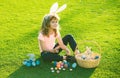 Happy easter bunny child boy. Spring kids holidays concept. Cute little boy, easter bunny children spring outdoor.