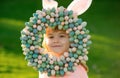 Happy easter bunny child boy. Spring kids holidays concept. Funny kids face closeup.