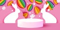 Happy Easter Bunny. 3D Podium scene or pedestal on pink bg with paper cut rabbit , eggs and flower. Trendy Easter design
