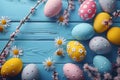 Happy easter bunny Eggs Easter festivity Basket. White Congratulations Card Bunny charming. Egg painting background wallpaper