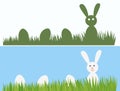Happy Easter Bunny and eggs in the grass. Easter Egg Hunt theme.