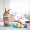 Happy Easter. Easter Bunny and Easter Eggs. The rabbit is Holland Lop. Soft focus