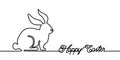 Happy Easter bunny greeting card in simple one line style with text celebration word sign. Copy space. Rabbit vector