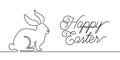 Happy Easter bunny greeting card in simple one line style with text celebration word sign. Rabbit vector illustration Royalty Free Stock Photo