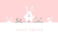 Happy Easter, bunny hide and play, pink pastel greeting card holiday, adorable rabbit, cute cartoon invitation vector illustration