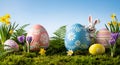 Happy Easter bunny hides among vibrant spring eggs Royalty Free Stock Photo