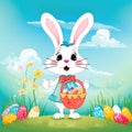 Happy Easter bunny holding a basket filled with colorful eggs, surrounded by flowers, against a blue sky. Generative AI Royalty Free Stock Photo