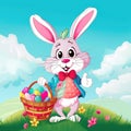 Happy Easter bunny holding a basket filled with colorful eggs, surrounded by flowers, against a blue sky. Generative AI Royalty Free Stock Photo