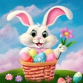 Happy Easter bunny holding a basket filled with colorful eggs, surrounded by flowers, against a blue sky. Generative AI Royalty Free Stock Photo