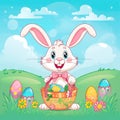 Happy Easter bunny holding a basket filled with colorful eggs, surrounded by flowers, against a blue sky. Generative AI Royalty Free Stock Photo