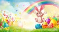 Happy Easter bunny holding a basket filled with colorful eggs, surrounded by flowers, against a blue sky. Generative AI Royalty Free Stock Photo