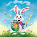 Happy Easter bunny holding a basket filled with colorful eggs, surrounded by flowers, against a blue sky. Generative AI Royalty Free Stock Photo