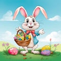 Happy Easter bunny holding a basket filled with colorful eggs, surrounded by flowers, against a blue sky. Generative AI Royalty Free Stock Photo