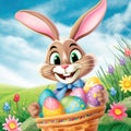 Happy Easter bunny holding a basket filled with colorful eggs, surrounded by flowers, against a blue sky. Generative AI Royalty Free Stock Photo