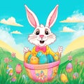 Happy Easter bunny holding a basket filled with colorful eggs, surrounded by flowers, against a blue sky. Generative AI Royalty Free Stock Photo