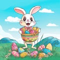 Happy Easter bunny holding a basket filled with colorful eggs, surrounded by flowers, against a blue sky. Generative AI Royalty Free Stock Photo