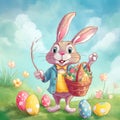 Happy Easter Bunny holding a basket filled with multicolored eggs, surrounded by flowers and green grass, with a clear blue sky in Royalty Free Stock Photo