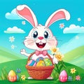 Happy Easter Bunny holding a basket filled with multicolored eggs, surrounded by flowers and green grass, with a clear blue sky in Royalty Free Stock Photo