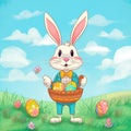 Happy Easter Bunny holding a basket filled with multicolored eggs, surrounded by flowers and green grass, with a clear blue sky in Royalty Free Stock Photo