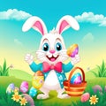 Happy Easter Bunny holding a basket filled with multicolored eggs, surrounded by flowers and green grass, with a clear blue sky in Royalty Free Stock Photo