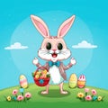 Happy Easter Bunny holding a basket filled with multicolored eggs, surrounded by flowers and green grass, with a clear blue sky in Royalty Free Stock Photo