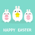 Happy Easter Bunny holding chicken bird, painting egg set line. Rabbit baby chick friends forever. Farm animal. Cute cartoon Royalty Free Stock Photo