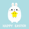 Happy Easter bunny holding chicken. Rabbit baby chick bird friends. Farm animal. Cute cartoon kawaii funny character. Blue pastel Royalty Free Stock Photo