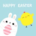 Happy Easter bunny holding pink painting egg. Chicken flying. Rabbit baby chick bird friends forever. Cute cartoon kawaii funny Royalty Free Stock Photo