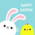 Happy Easter Bunny rabbit chicken bird chick face head in the corner. Cute kawaii cartoon funny smiling baby character set. White