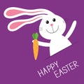 Happy Easter. Bunny rabbit hare carrot in the pocket. Baby greeting card. Violet background. Flat design. Royalty Free Stock Photo