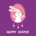 Happy Easter. Bunny rabbit hare holding carrot inside frame window. Dash line contour. Hanging painted egg set. Cute cartoon chara Royalty Free Stock Photo